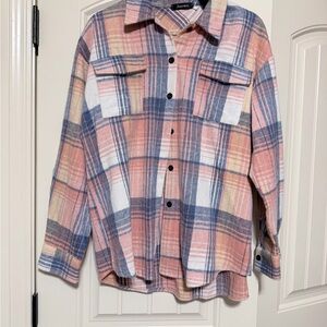 Avenue Pink, Blue & Cream Plaid Button-Front Shirt Jacket